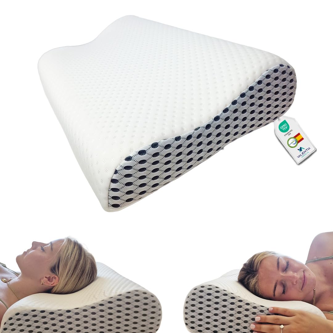 VALENTIA MEDICAL Almohada Viscoelástica Cervicales y Cuello - Doble Altura - Ergonómica - Funda Supersuave Lavable + Funda Interior -Optima Firmeza- Almohada Cervicales - Alivio de Cuello y Hombros
