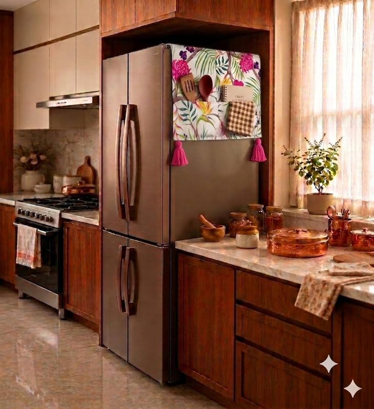Image of Four Door Fridge Top Cover 400+L | 450 GSM Durable Refrigerator Cover with Corner Tassels & Pockets | Fits Godrej, LG, Haier, Samsung Models | Dustproof Floral Printed Cover Mat| WWW.THROWPILLOW.IN