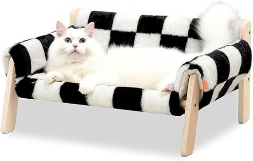 Caossuixin Cat Beds - 12cm Leg Wooden Raised Kitten Sofa Beds for Indoor, Radiator Bed Holds 20kg with Removable Washable Cover Bed for Puppy and Cat Couch, 22"x18"x11",Checkerboard