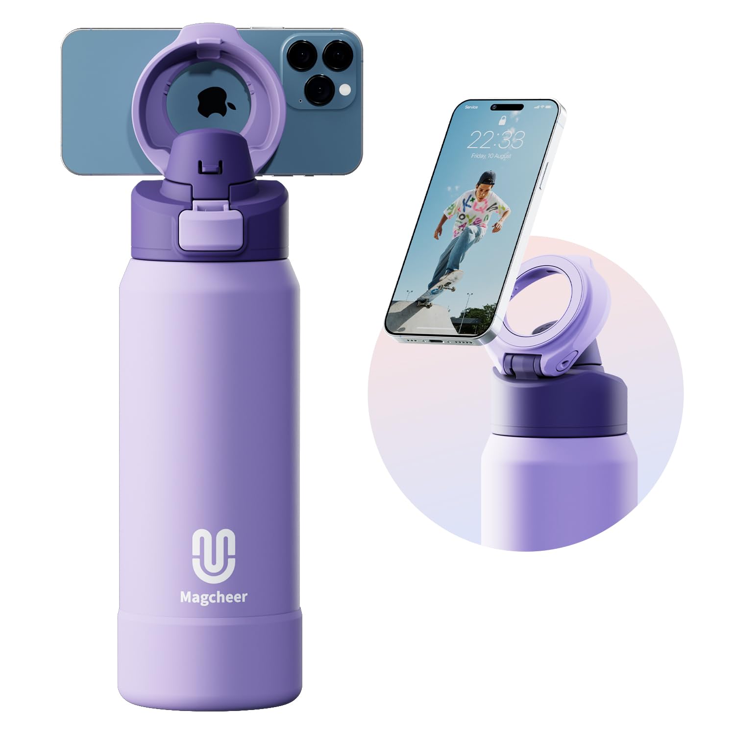 magcheer 1L Magnetic Water Bottle with Phone Holder Compatible with MagSafe Insulated Gym Cold Drink Bottle for 24 Hours Tripod Bottle for Travel & Fitness Selfie(Purple)