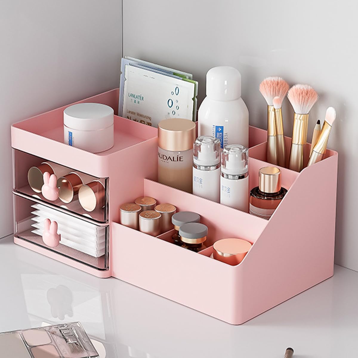 House of Quirk Polypropylene, Polystyrene 2 Drawer Cosmetics Makeup Organizer For Vanity Bathroom, Clear Drawer Cosmetic Storage Display Case With Brush Holder, Desk Countertop (Pink) (B0CNXRXBFV) Amazon Price History, Amazon Price Tracker