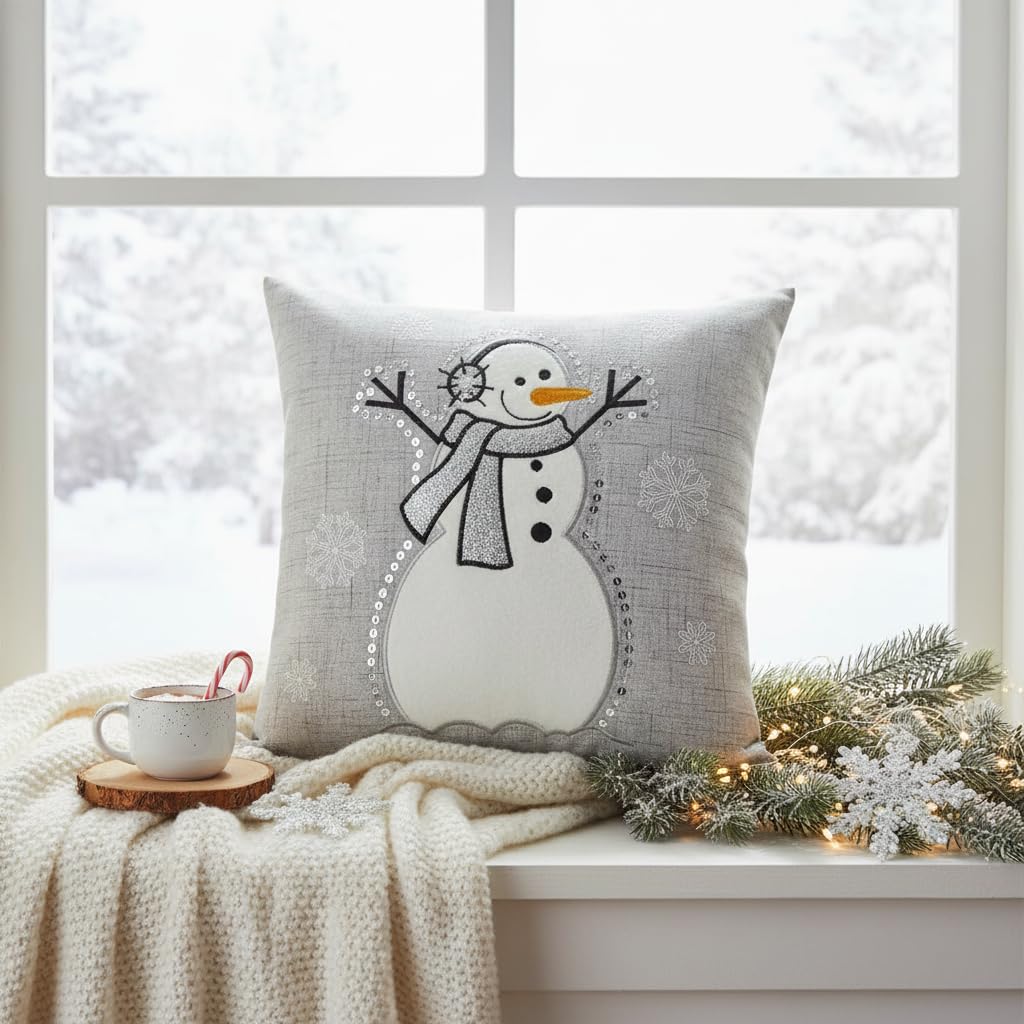 Comfy Hour 35 cm x 35 cm zimowy Boże Narodzenie bałwan w szaliku i słuchawkach płatek śniegu akcent poduszka sezonowa poduszka