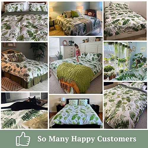 MILDLY 100% Long-Staple Cotton Duvet Cover Set King Size Green Palm Leaf Printed Luxury Comforter Cover Set Reversible Tropical Ultra Soft