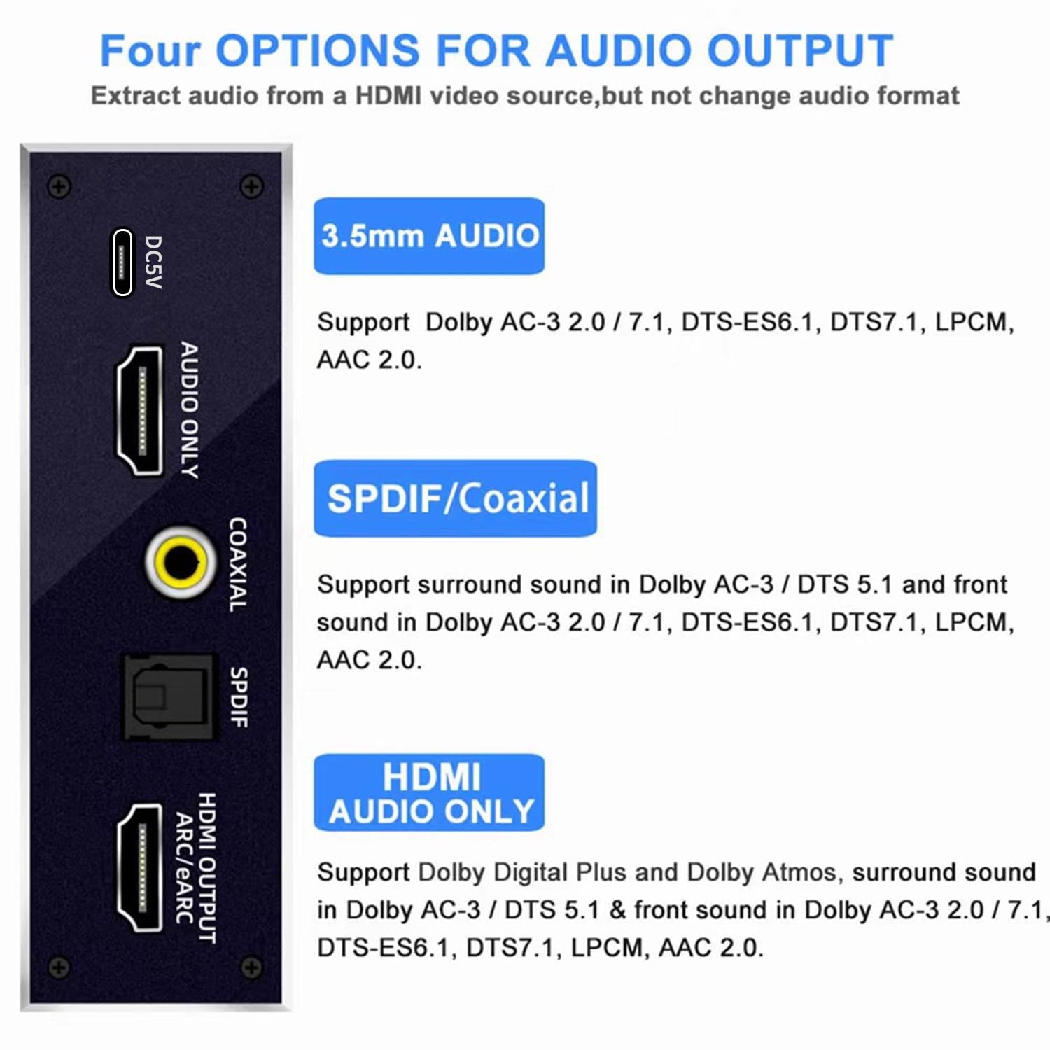 Extractor De Audio HDMI 2.1, Divisor De Extractor De Audio 4K 60 Hz, Óptico + Conector De Audio De 3,5 Mm + Coaxial + Audio HDMI De 7.1 Canales Compatible Con Función ARC Y EARC, Para Cine En Casa