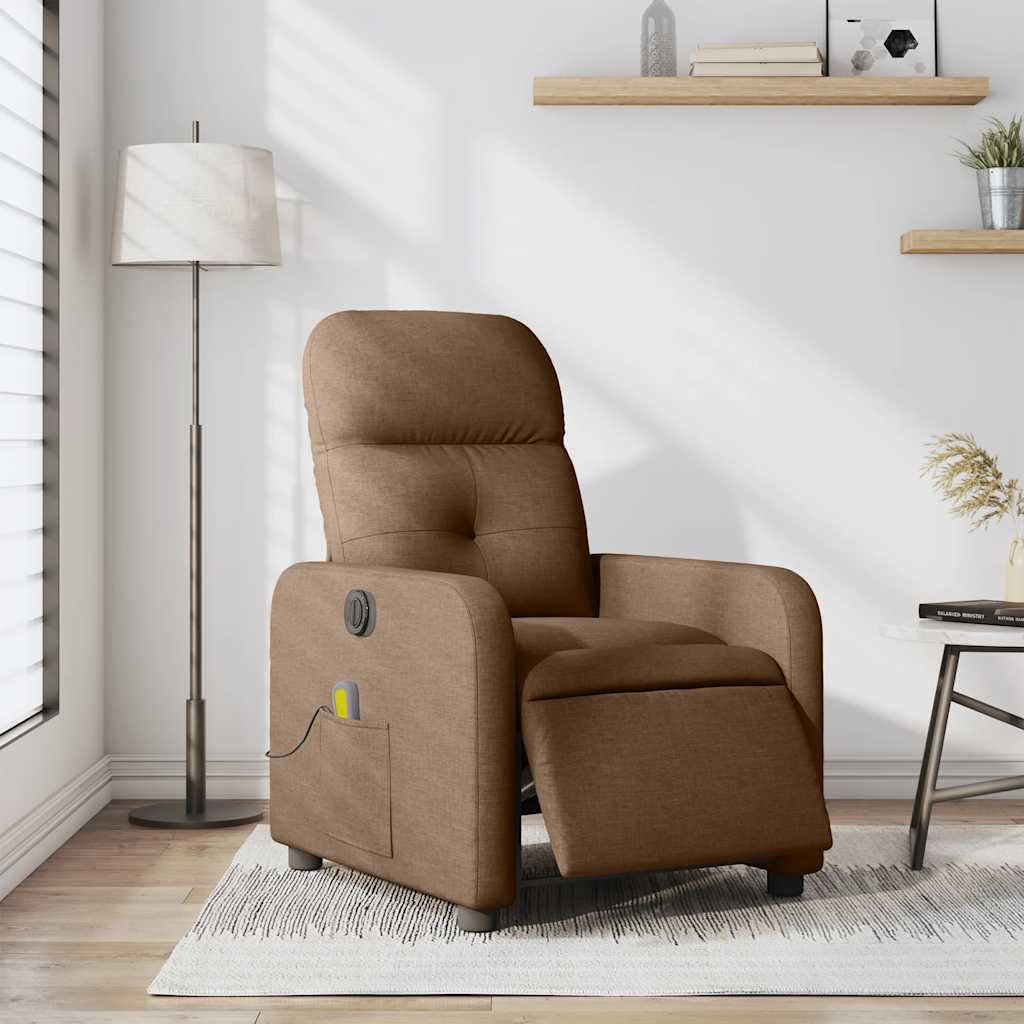 Massagesessel elektrisch braun Stoff mit 6-Punkt-Vibrationsmassage, Verstellbarer Rückenlehne und Fußstütze, ergonomischer Relaxstuhl mit Holz Metall Gestell