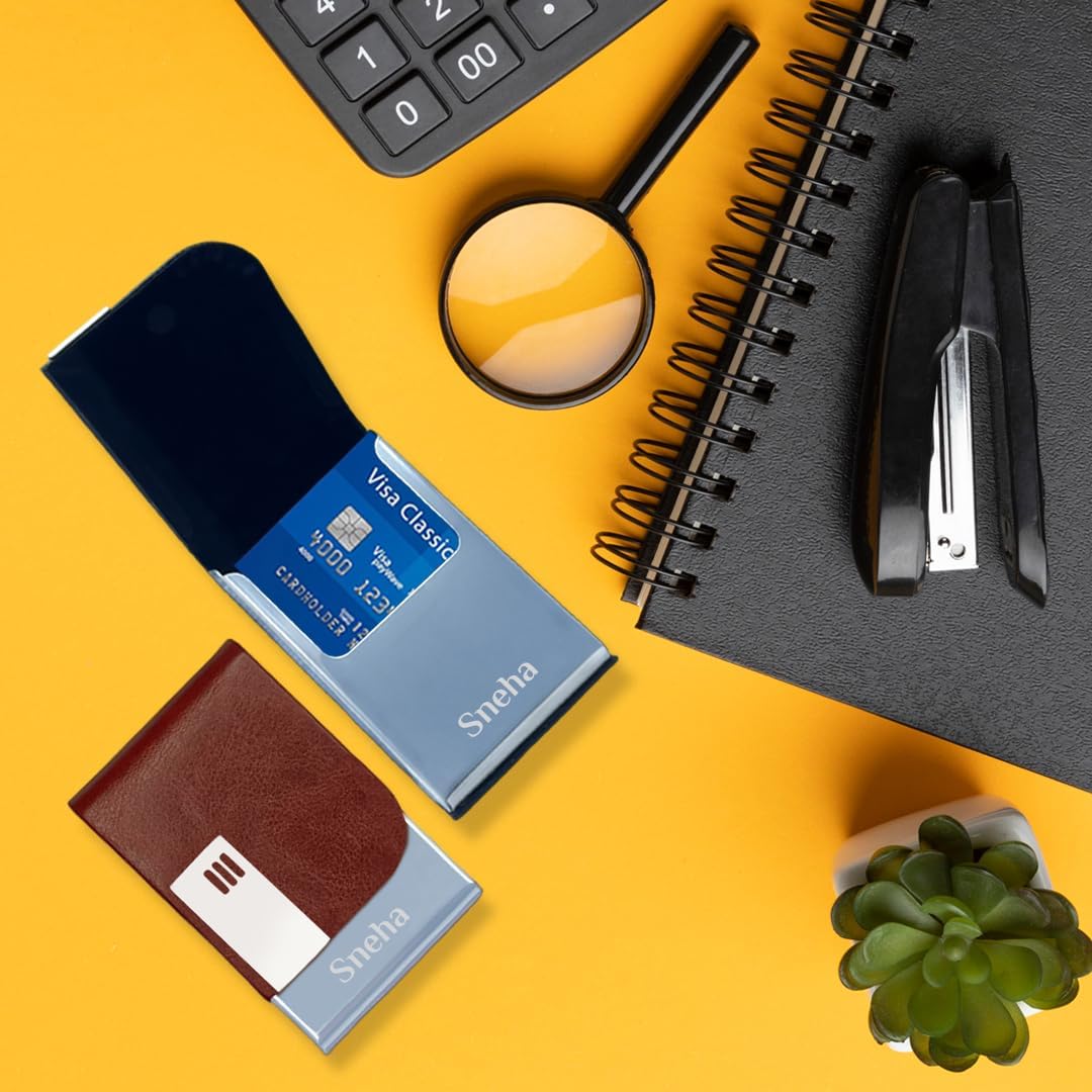 Giftana Personalized Name Card Holder, PU Leather Steel Business Card/Debit Credit Card Holders, New Year Gifts for Office, Diwali Corporate Gift for Employees (1.5 x 9.5 x 6.5 cm-Brown) 2