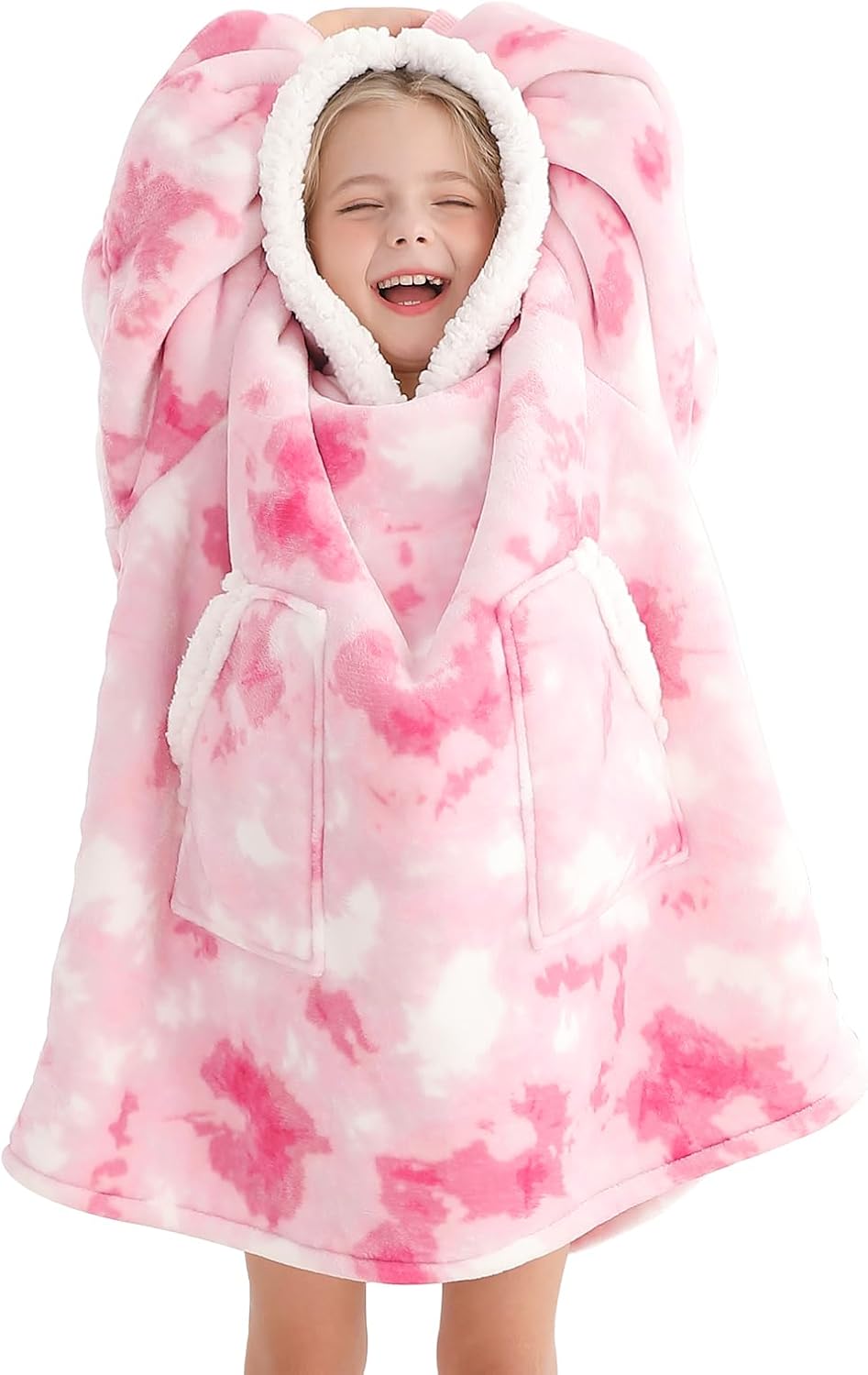 Kipswiza Wearable Blanket Hoodie for Kids 6-12 Birthday Gifts, Soft Warm Sherpa Oversize Blankets Sweatshirt for Girls Boys - Pink Tie Dye - Image 8