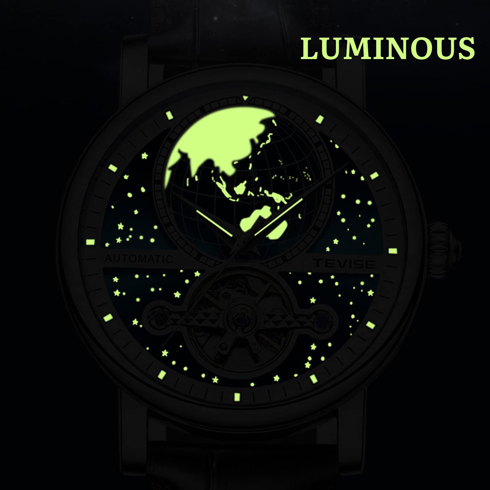 Tourbillon Herren-Armbanduhr, selbstaufziehend, leuchtende Automatik-Armbanduhr für Herren, wasserdicht, Leder, Dual-Zeit-Schreibuhr, Mode, Business, blau, Riemen