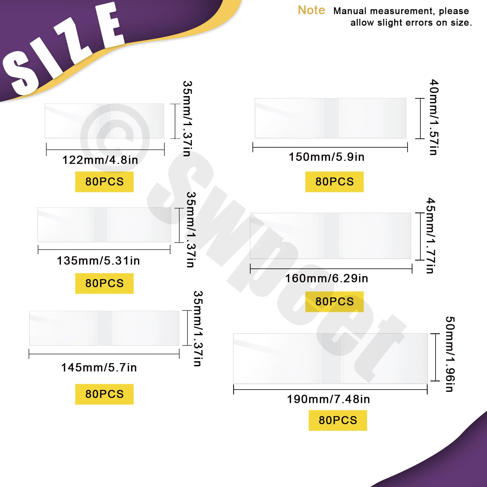 Swpeet Lot de 480 bandes thermorétractables en PVC transparent de 6 tailles 11,2 cm 12,7 cm 15,7 cm 15,7 cm 5,9 pouces 6,4 pouces 7,4 pouces