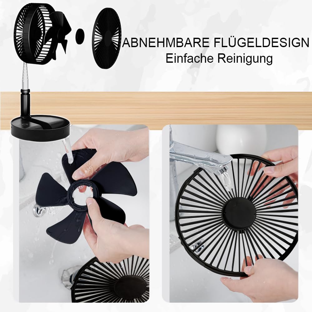UNITEDTIME Tragbarer Ventilator Faltbares Wiederaufladbares [Fernbedienung] Batteriebetriebene Foldaway Stehender Pedestallventilator, 4 Geschwindigkeit, Timer für Campingreisen, Schlafzimmer(schwarz)