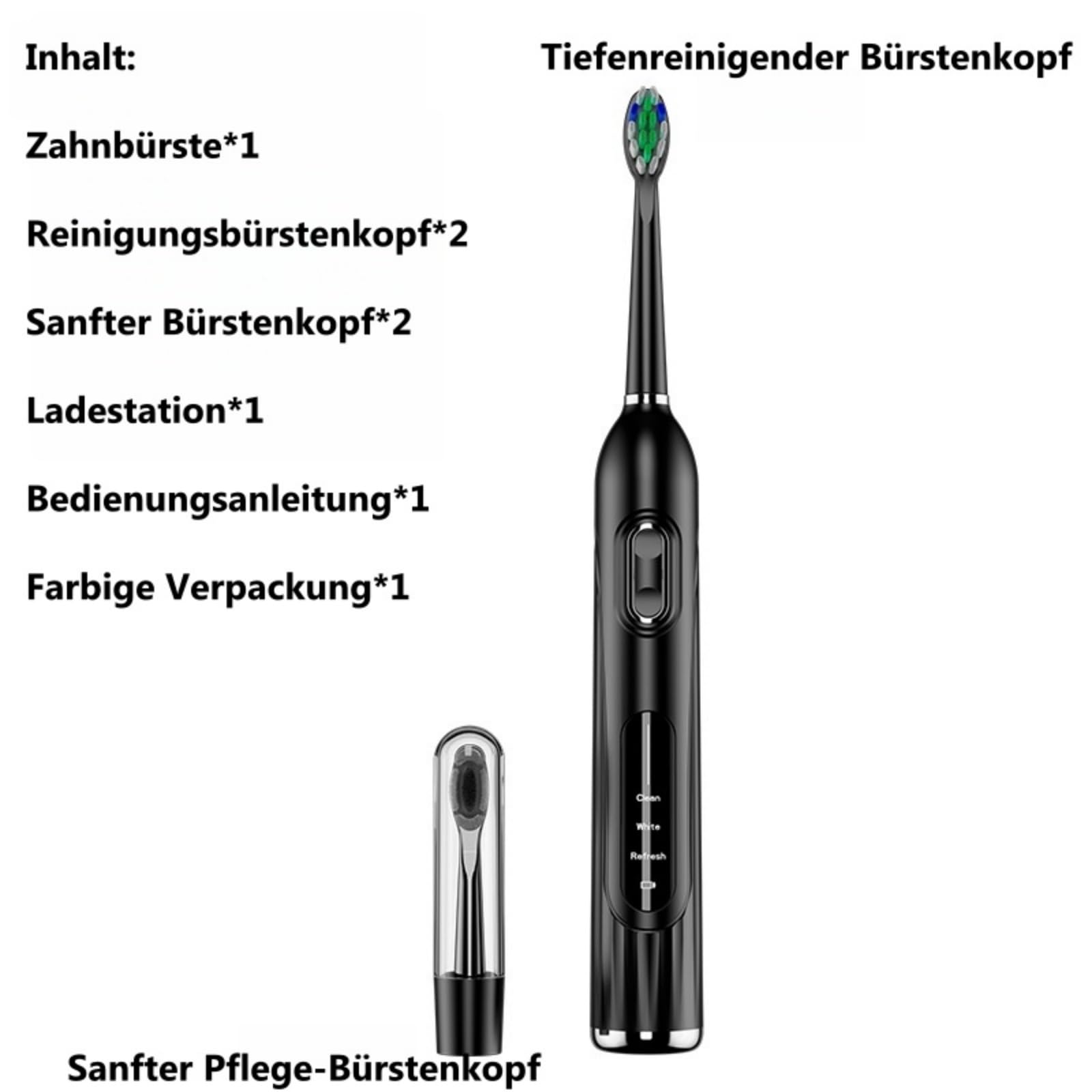 iX Sonic Schallzahnbürste，Tiefenreinigung，mit 3 Modi, 7 Intensitätsstufen, IPX7 wasserdicht, inklusive Ladestation und 4 Bürstenköpfen, wiederaufladbar