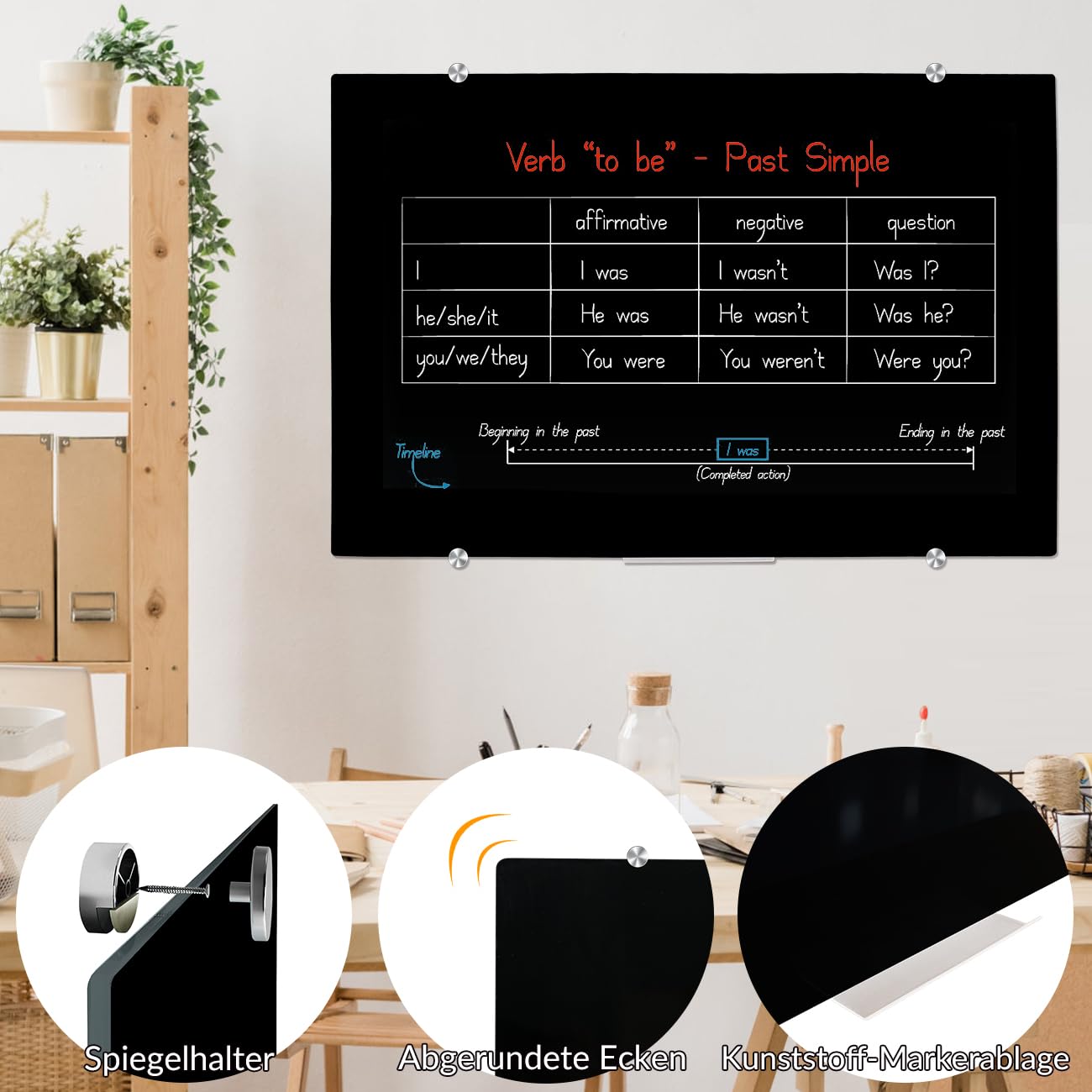 DEVELOP Schwarzes Glas-Whiteboard | 60x90 cm | Rahmenlose, gehärtete Glasoberfläche in Matt-Schwarz | Inkl. 4 weiße Boardmarker, Mikrofasertuch, 2 Starkmagnete & Montageset