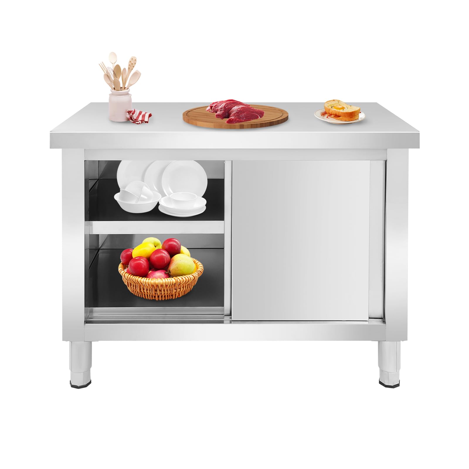 Stół roboczy ze stali nierdzewnej z drzwiami przesuwnymi – 100 x 60 x 80 cm, wytrzymała szafka gastronomiczna, obciążenie 300 kg, higieniczna szafka ze stali nierdzewnej do kuchni, warsztatu
