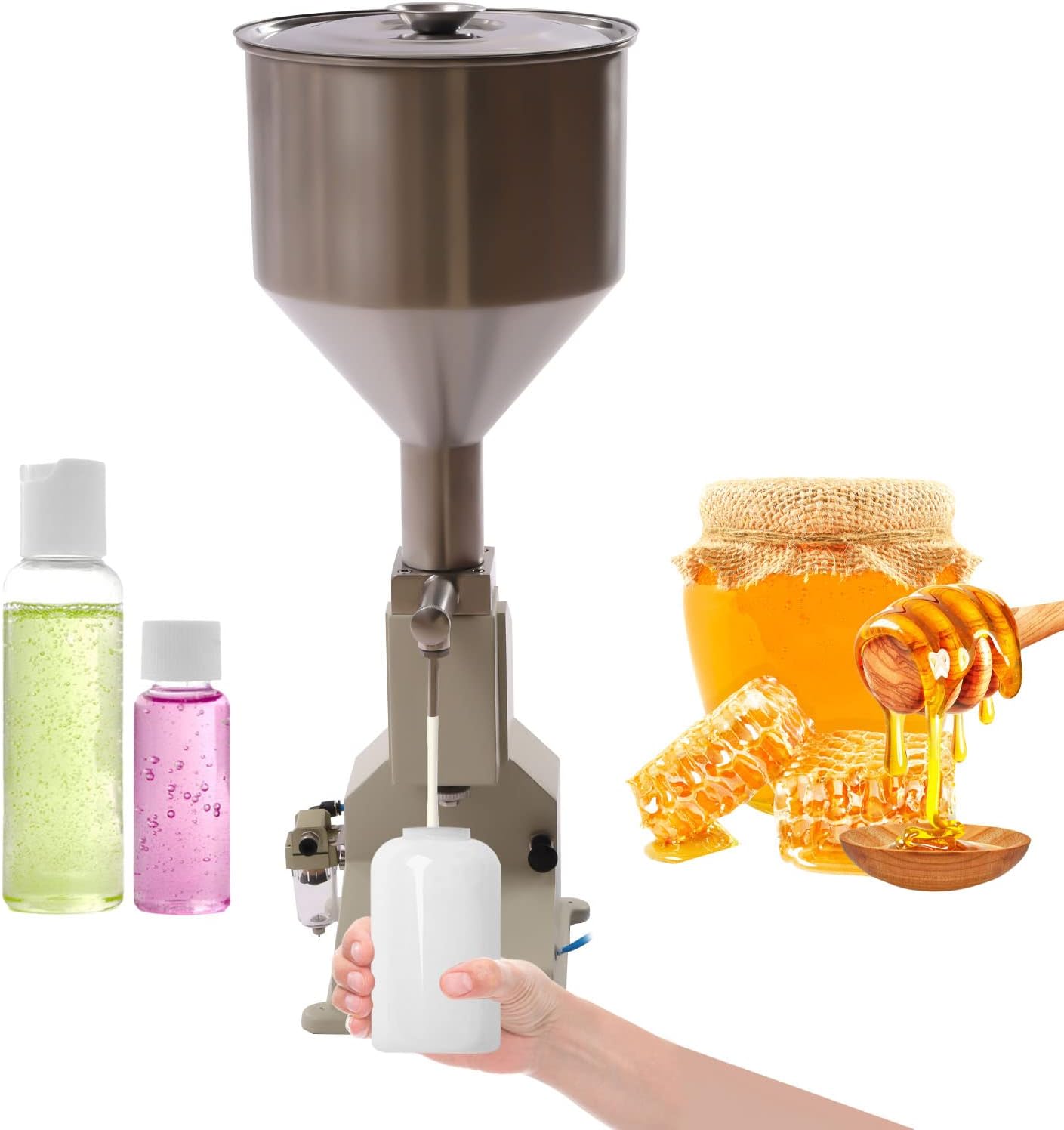 Pneumatic Paste Liquid Filling Machine 10-110ml Bottle Filling Machine, Semi-auto Bottle Filler Liquid Paste Filling Machine with 10L Hopper for Cosmetic Oil Cream Shampoo Honey A02
