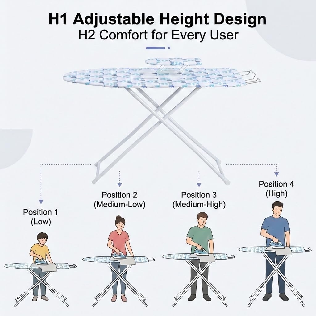 43" x 13" Ironing Board Height Adjustable Iron Board, Heavy Duty Itoning Board with Iron Rest & Heat Resistant Cover, Foldable Ironing Stand
