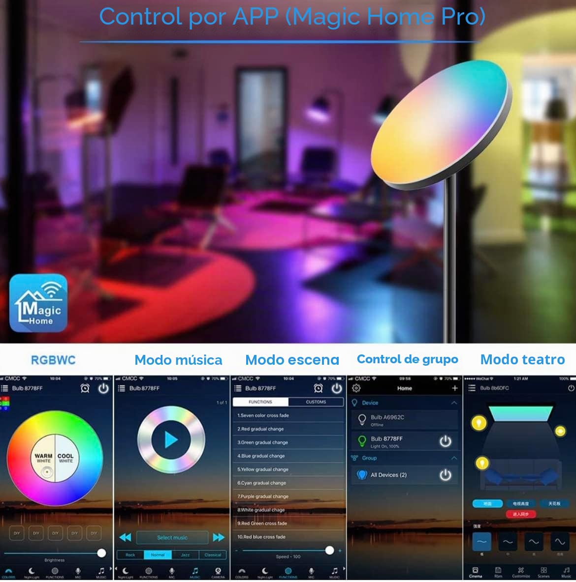 BEL AIR HOME - Lámpara de Pie LED RGB + CTT SMART con Control de APP Compatible con Alexa y Google Assistant - Luz Regulable para Salón, Lectura y Decoración (NEGRO)