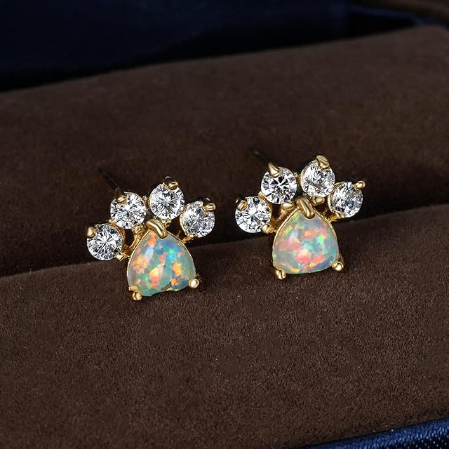 Women Diamond Opal Stud Earrings Blue&White Wedding Jewelry Boho Small Heart Dog Cat Paw Claw Earrings for Women(White)