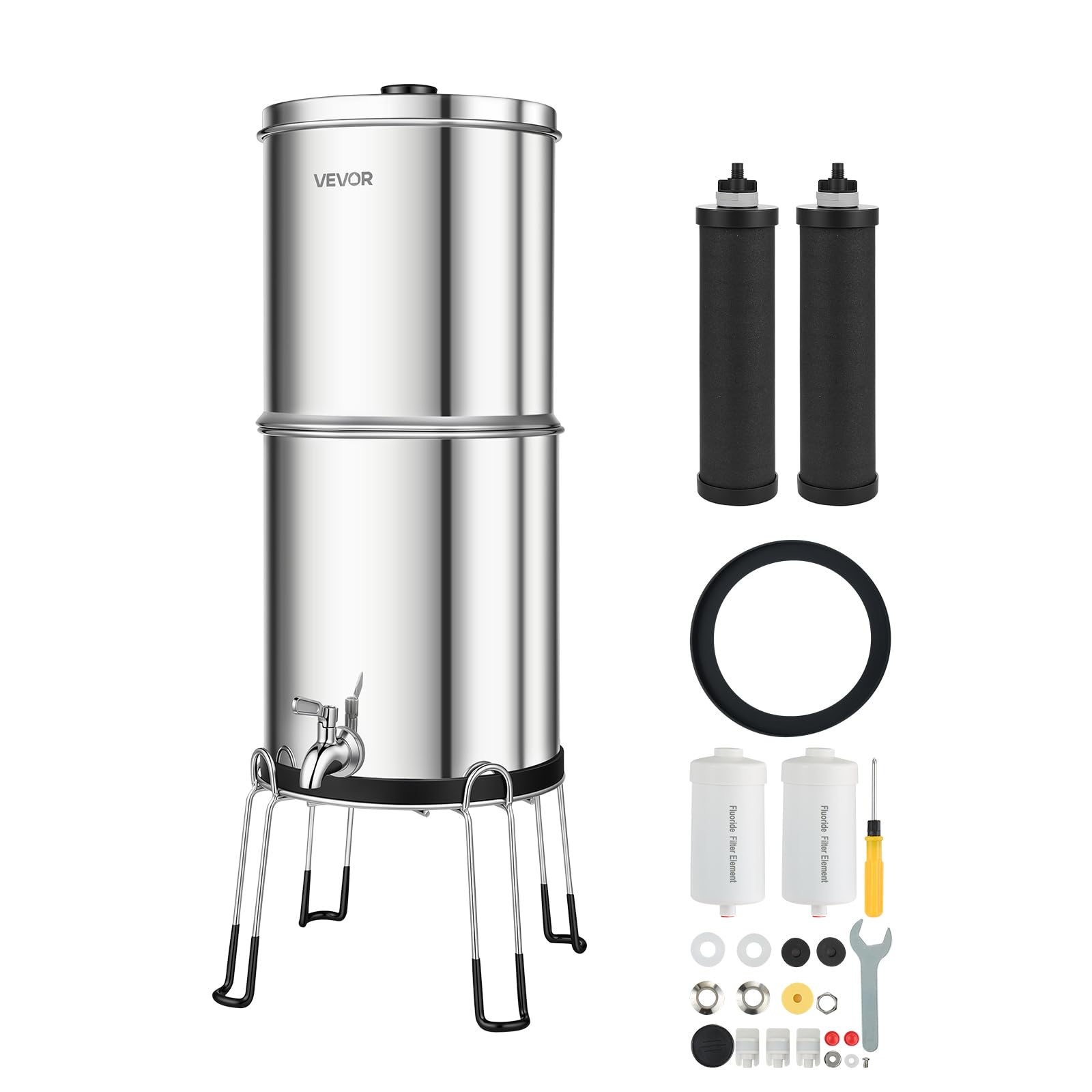 VEVOR Sistema de Filtración de Agua por Gravedad 8,52 L Acero Inoxidable, Reduce el Plomo y Hasta 99% del Cloro, Con 2 Filtros de Carbón y 2 Filtros Desfluorantes, Con Grifo y Soporte, Para Encimera