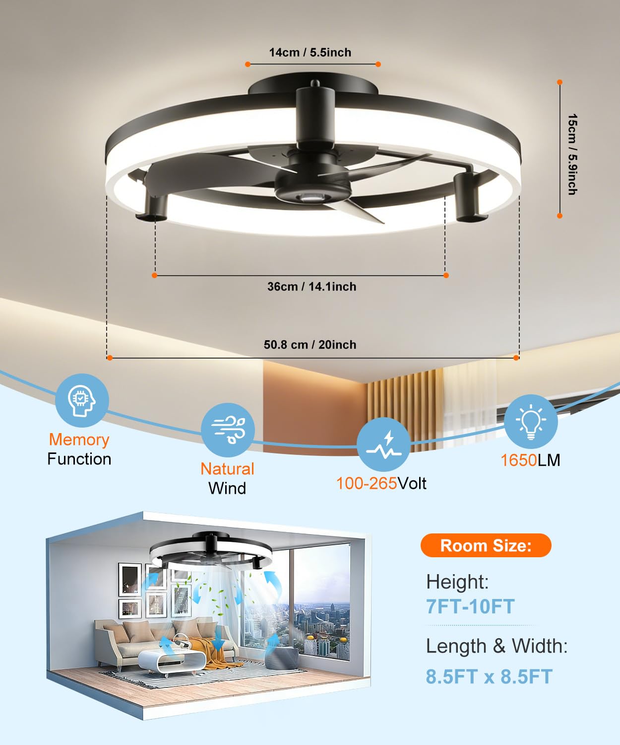 Ventilateur de Plafond Lumiere et Bluetooth APP Contrôle et Telecommande 50CM, Plafonnier Ventilateur avec 6 Vitesses et vent Réversible Dimmable LED, Timing, Mode Veilleuse, Fonction Mémoire