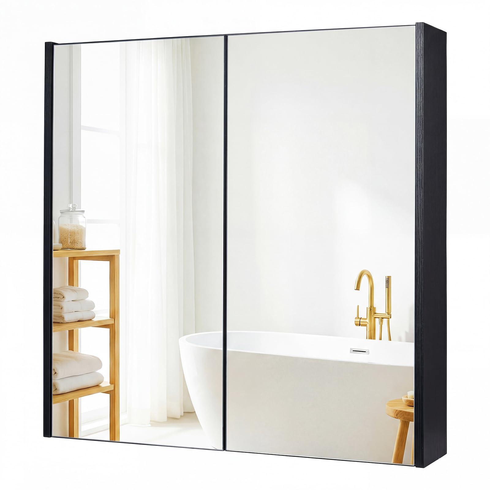 COSTWAY Bathroom Mirror Cabinet, Wall Mounted Storage Cupboard with Shelf, Home Kitchen Living Room Display Organiser Unit (Double Door, Black)