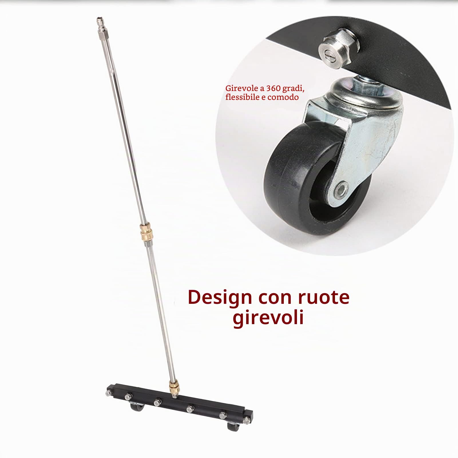 Pulitore del sottoscocca delle idropulitrici, pulitore di superficie da 4000 PSI per idropulitrici, scopa d'acqua sotto l'auto con 6 ugelli, 2 bacchette di estensione, ruota (Irrigatore per telaio