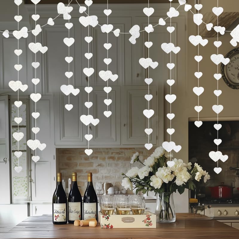 Image of White Hanging Heart Garland Sparkling Love Streamer Glitter Bunting Banner Twinkle Heart Backdrop for Wedding Engagement Valentines Galentines Birthday Party Decor 40 Feet