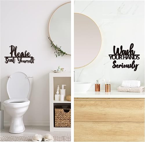 Miniatura 6 de Amyhill 2 Sets Bathroom Wall Decor Wash Your Hands Seriously and Please Seat Yourself Sign Funny Restroom Decor Wooden Farmhouse Rustic Relax Quotes