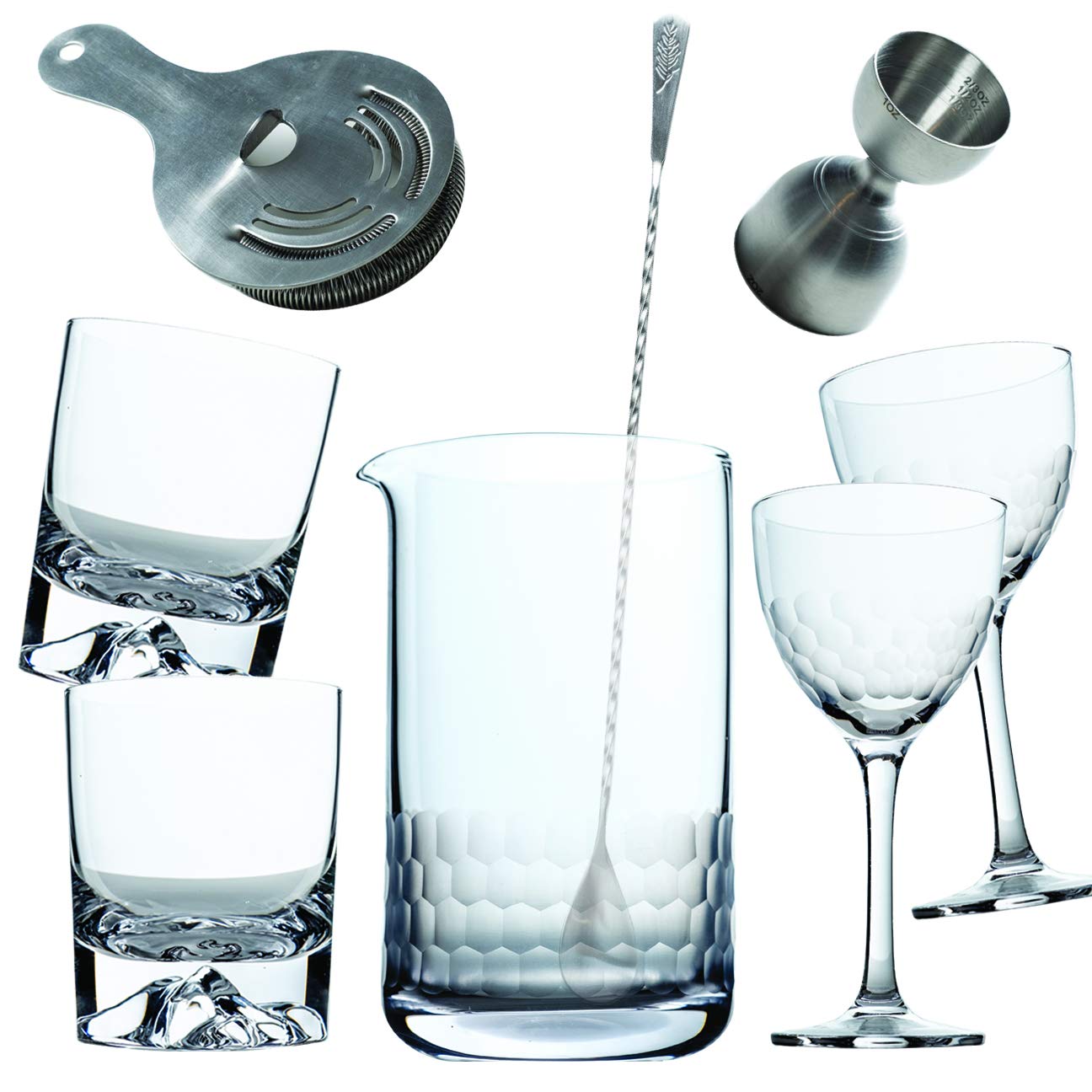 Amehla Cocktail Mixing Glass Bar Kit: 8 Piece Bar Set with Bar Tools and Glasses - Home Mixology Bartending Kit with 2 Mountain Whiskey and 2 Honeycomb Nick and Nora Drinking Glasses + Accessories
