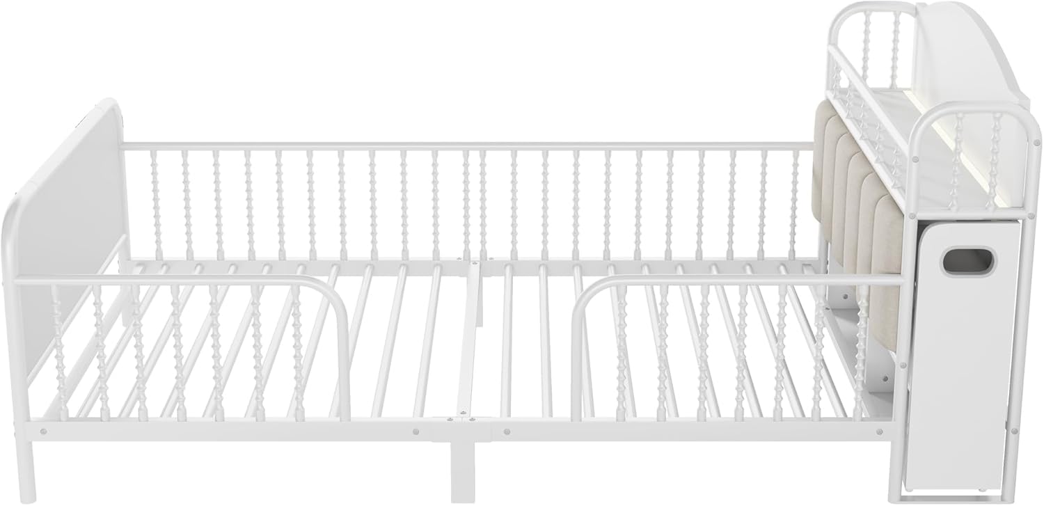 Twin Bed with Storage, Kids Montessori Bed Frame with Rails, Upholstered Headboard, Modern Twin Size Beds with LED Light,Hidden Shelves, Low Platform Bed for Girls Boys, White