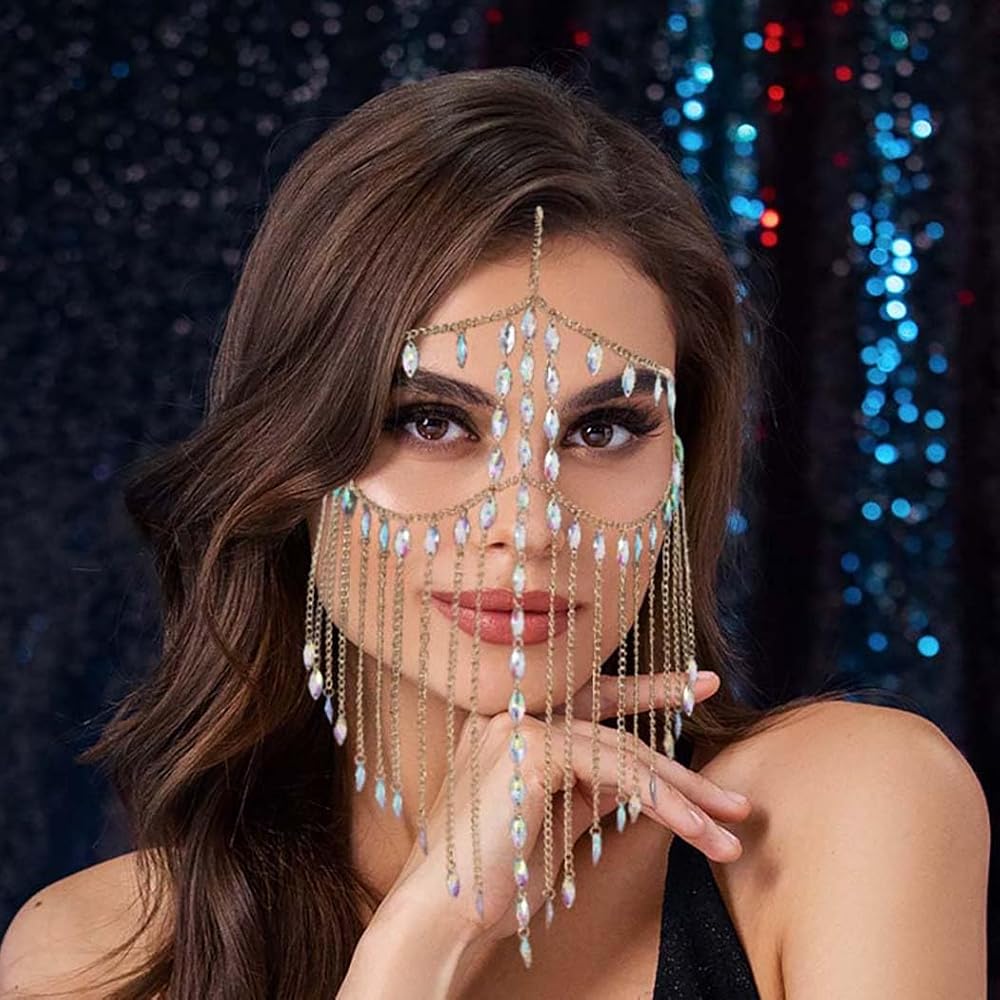 Masquerade Dance Eye Chain Rhinestone Tassel Veil Masks Forehead Chain ...