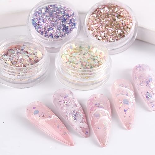 Iridescent Chunky Glitters Sequins Nail Flakes Champagne Purple Hexagon Mixed Design Nail Art Decoration Powder Diy French Acrylic Nails Body Craft Nail Art Accessories 4 Jar (2030-01) #TOP4