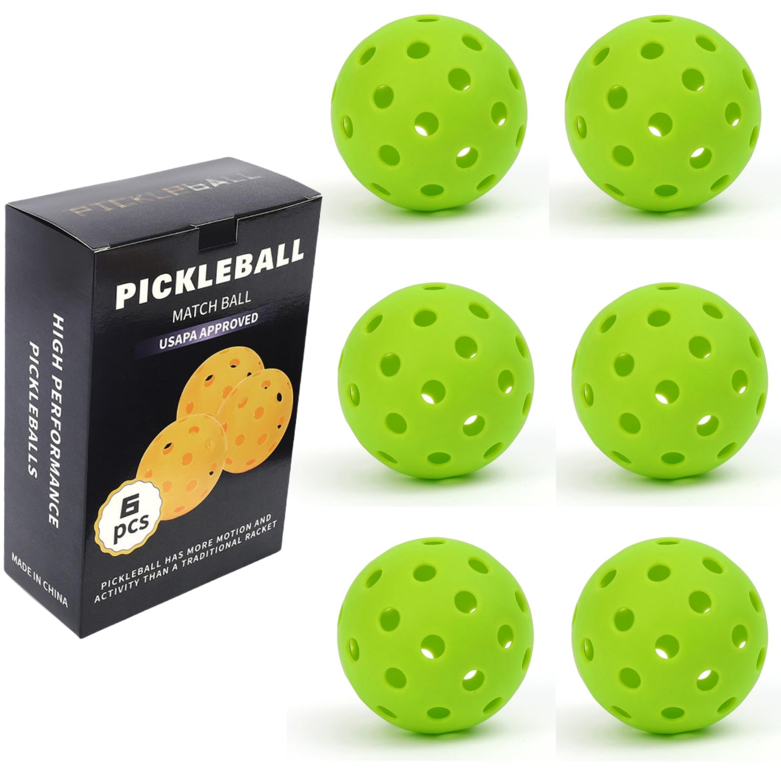 sonecesiya 6-Pack Pickleball Balls 40 Holes Outdoor Indoor High Rebounce True Flight High Visibility Durable Eye-catching Green Pickle Balls Set Sport Gifts for Women Men