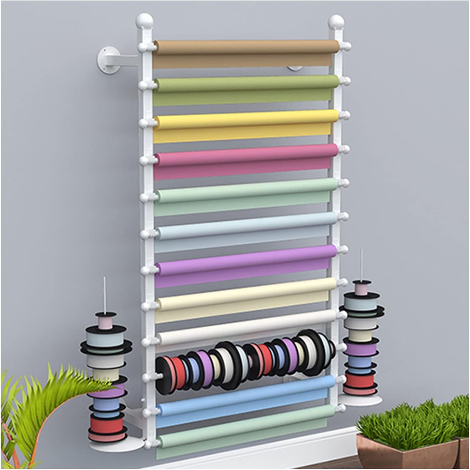 Ribbon Display Storage Organizer Wire Spool Rack Wrapping Paper Shelf Wall Mounted,Detachable Ribbons Tray&Removable Crossbars,White,100X20X120Cm