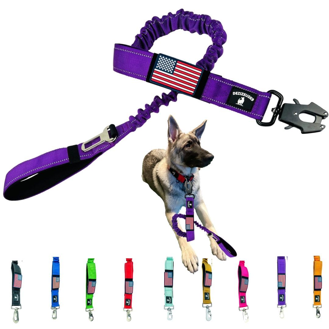 Heavy Duty Bungee Dog Leash - Shock Absorbing, Seat Belt Clip, Quick Release Frog Clasp, Double Padded Handles, for Large and Medium Dogs, Durable for
