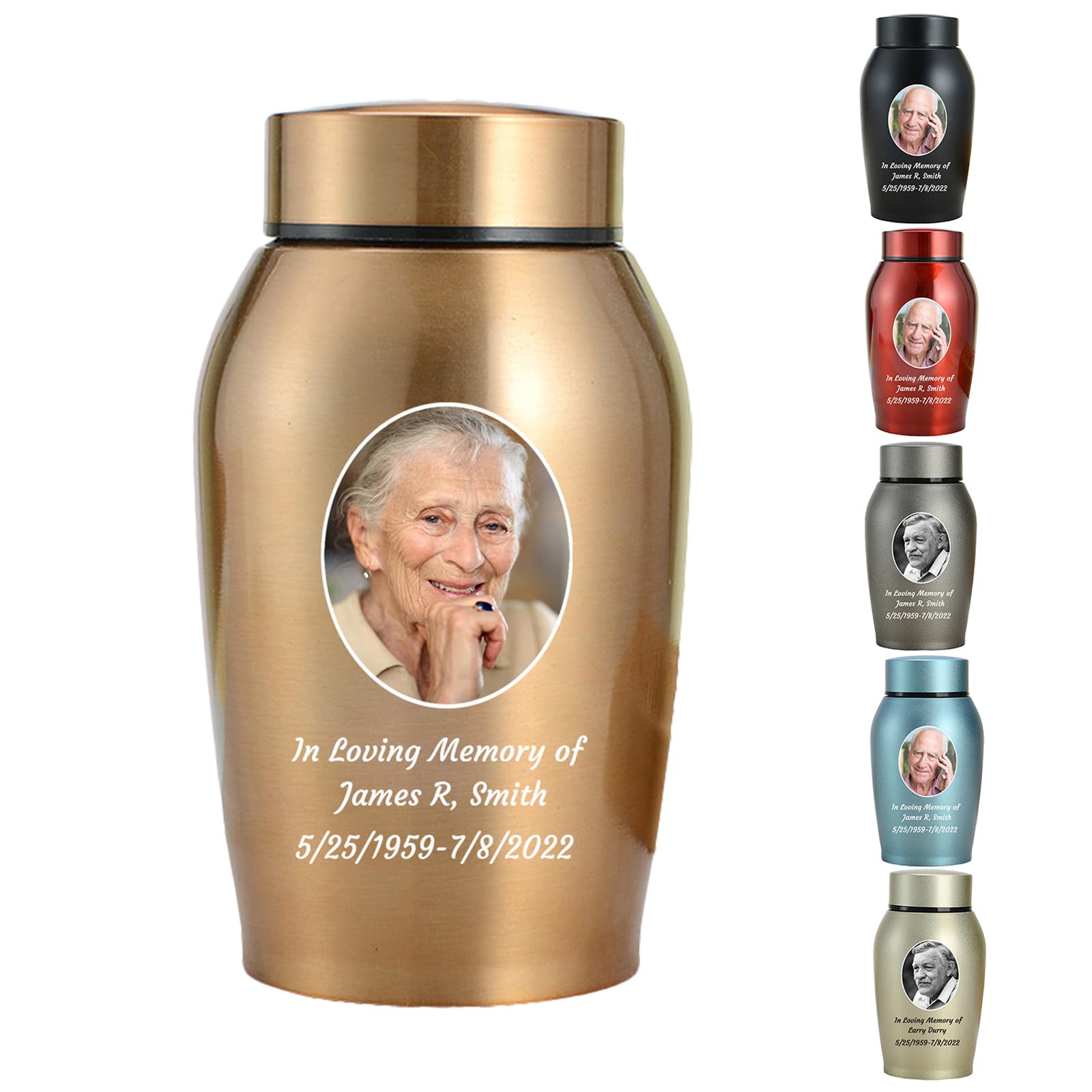 Wxmyozr Gold Photo Personalized Small Urns For Human Ashes, Mini Urns For Human Ashes Customizable, Stainless Steel Memorial Keepsake Cremation Urns Mini Sharing Funeral Urns,
