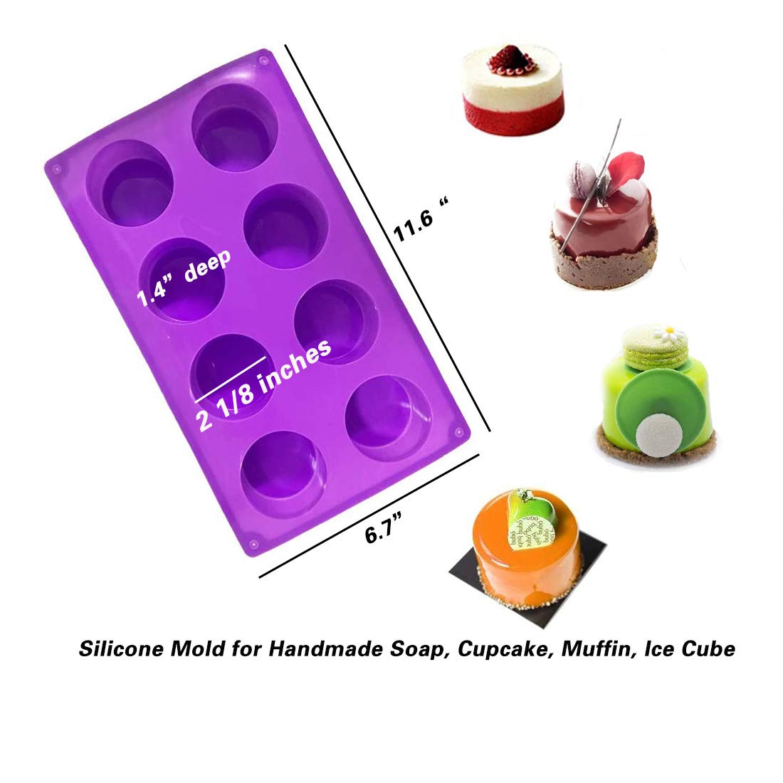 8-Cavity Round Baking Silicone Molds, 4PCS Cake Tray Moulds for Cupcake, Cookie, Soap, Muffin, Resin Casting, Ice Cube - 32 Cavities in total