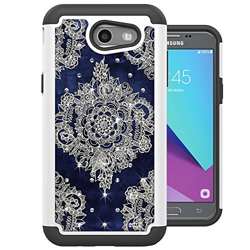 For Samsung Galaxy J3 Emerge Case, J3 2017 Case, J3 Prime Case, Amp Prime 2 Case, Express Prime 2 Case, MagicSky [Shock Absorption] Studded Rhinestone Bling Dual Layer Protective Case Cover (Flower1)
