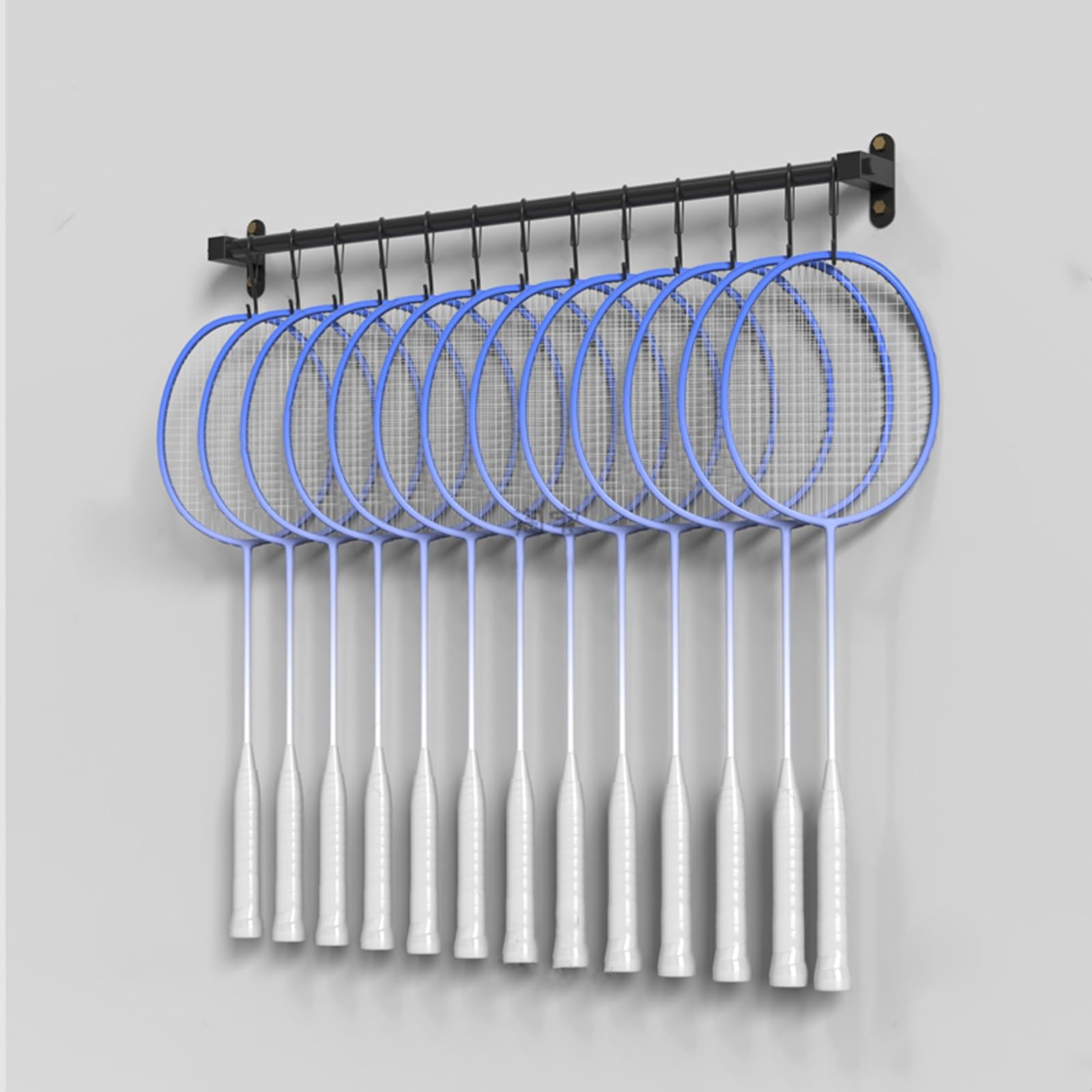 Supporto per racchette da parete con gancio a S, espositore nero per racchette da badminton / tennis, da appendere, per casa, ufficio, garage, attrezzatura sportiva, risparmio di spazio