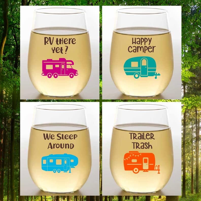Set of 4 Shatterproof Designer 16 oz Plastic Wine Glasses MADE in the USA (RV THERE YET)