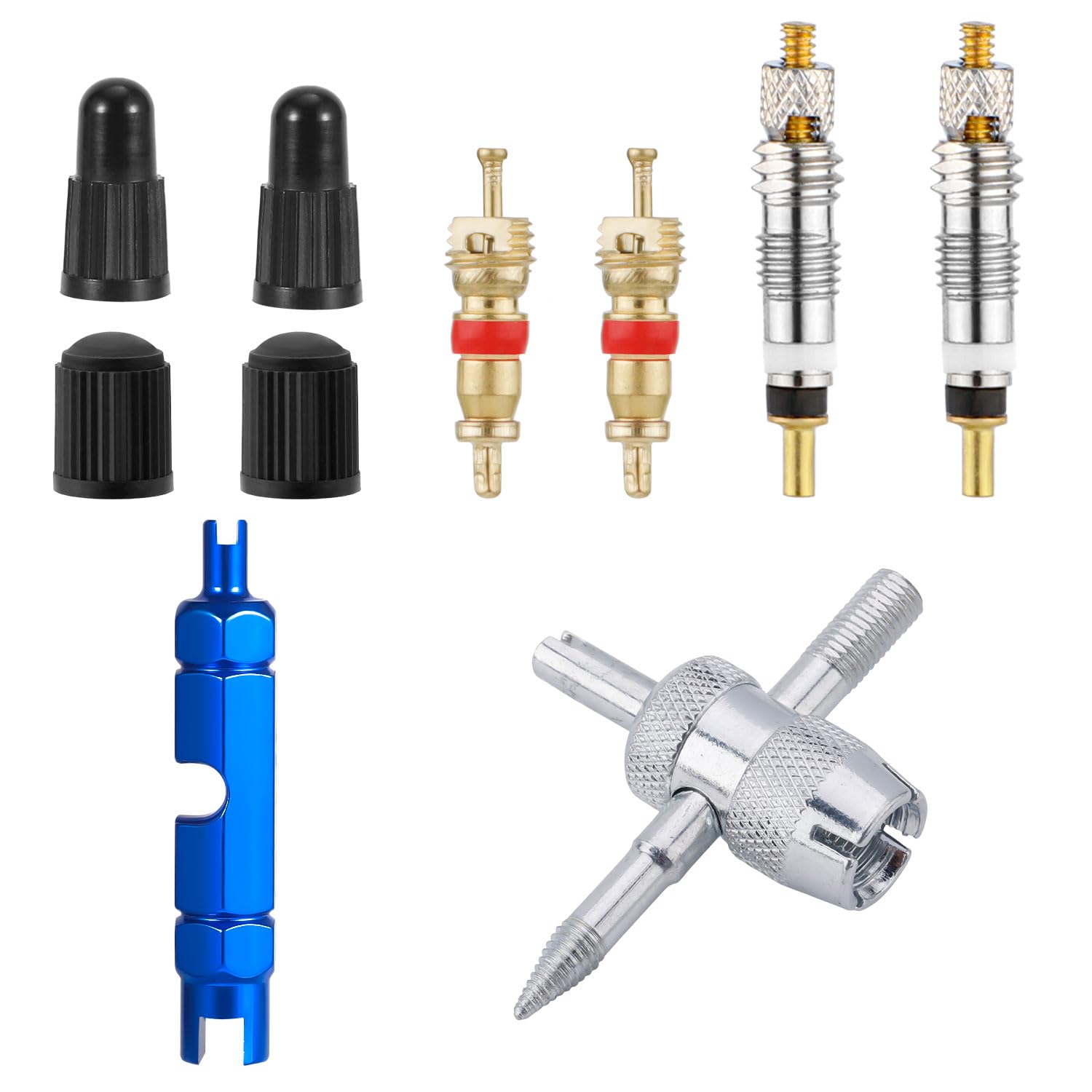 XIHIRCD Valve Core Repair Kit, Reliable Valve Core Bike Replacement Tool with 4pcs Valve Caps and 4pcs Valve Cores Wrench Tool for Presta & Schrader Valve