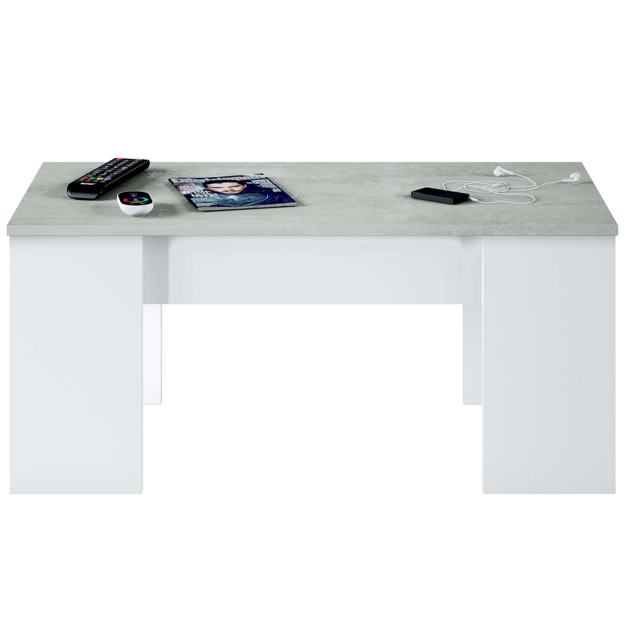 Mesa de Centro Elevable, Mesita de Salón o Comedor, Modelo LC, Acabado en Color Blanco Artik y Cemento, Medidas: 100 cm (Ancho) x 50 cm (Fondo) x 45-56 cm (Alto)