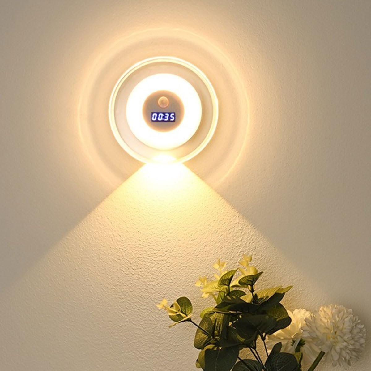 LED Motion Sensor Night Light with Clock Display, Dimmable Tri-Color Stick on Wall Lights Wireless Rechargeable Wall Lights Night Light Movement Sensor Light Indoor for Bathroom Stairway (1PCS) (A)