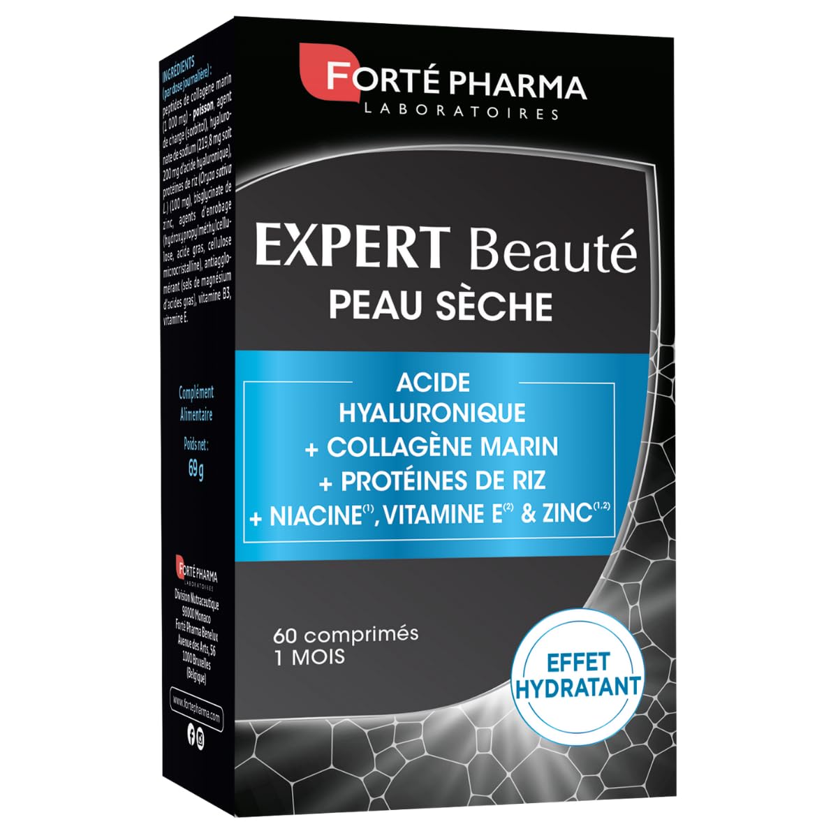 Forté Phama - Expert Beauté Peau Sèche - Complement alimentaire peau sensible, terne - Acide hyaluronique, Collagene marin, Vitamine B3 (Niacine), Vitamine E, Zinc - 60 comprimés, 2/jour