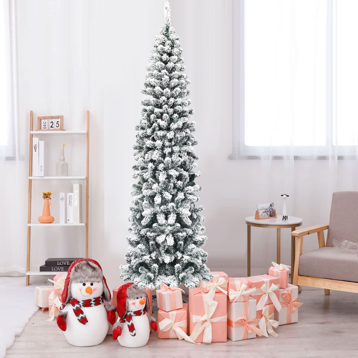 COSTWAY 225cm Árbol de Navidad Artificial Nevado, Agujas de PVC de 641 Puntas, Árbol de Navidad Slim/Estrecho, Soporte de Metal, Decorativa Nieve para Hogar Oficina Fiesta (225 cm)