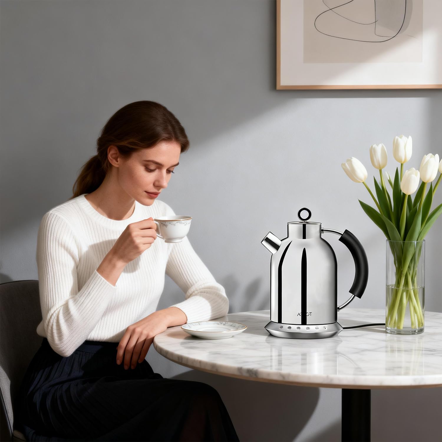ASCOT Wasserkocher Edelstahl mit 5 variablen Voreinstellungen, Elektrischer Teekessel Kaffee Wasserkocher, 30Mins warm halten, 2200 Watt Schnellheizung, 1.5L
