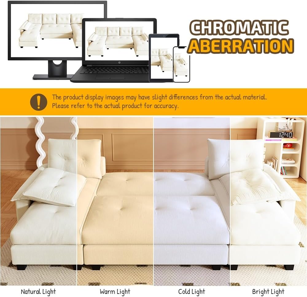 Warning image explaining that product display images may have slight color differences from the actual material due to lighting conditions (Natural Light, Warm Light, Cold Light, Bright Light).