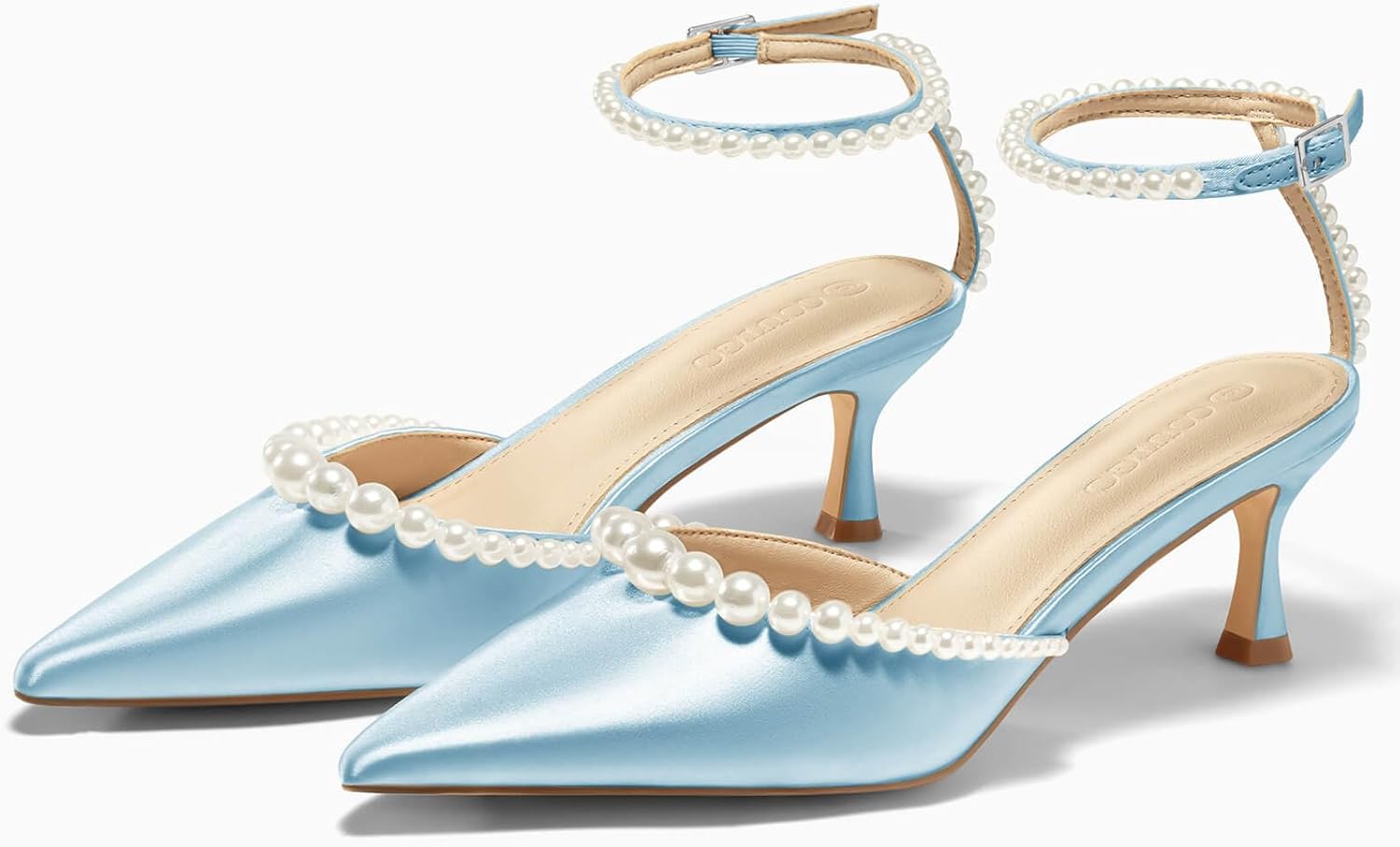Coutgo Womens Pearl Kitten Heels Closed Pointed Toe Wedding Bride Dress Shoes Ankle Strap Satin Pumps - Image 4