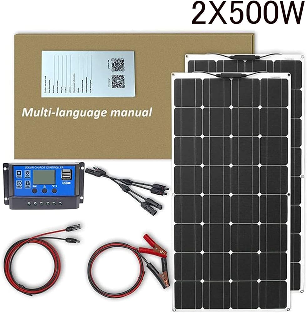 Kit pannello solare da 1000 W, 2 pezzi, 500 W, pannello solare flessibile Off Grid System 18 V, modulo monocristallino fotovoltaico, con doppie porte USB