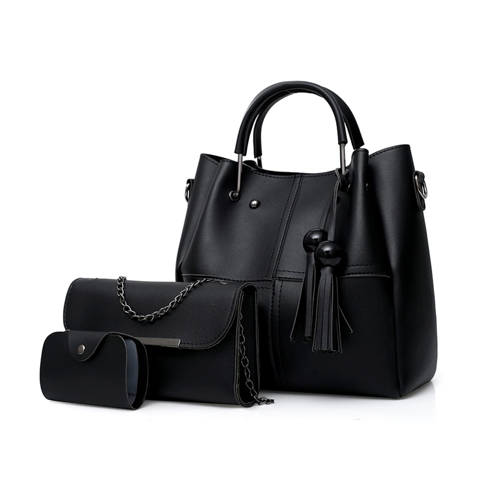 FANDARE Moda Borsa a Secchiello 3 Pezzi Set Borse a mano da donna Impermeabile Borse Tote da donna Borsa a mano con Frange PU Pelle Borsa a Tracolla con Catena per Shopping Viaggio Lavoro Nero A