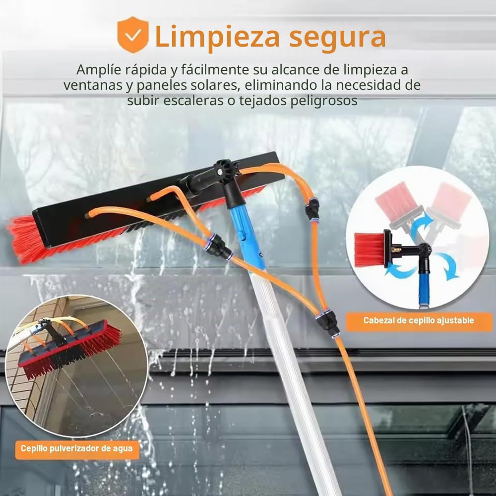 Palo Telescópico de Agua 10m con Cepillo Flexible 55cm|Cabezal Ajustable 180°|Incl Manguera Anticongelante 20m y Accesorios,con Bolsa de Almacenamiento|para Paneles Solares,Ventanas,Caravanas
